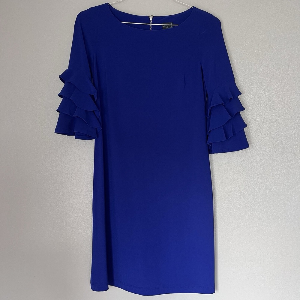 Gabby Skye Women's Size 4 Knee Length Solid Blue Formal Dress Ruffle Sleeve